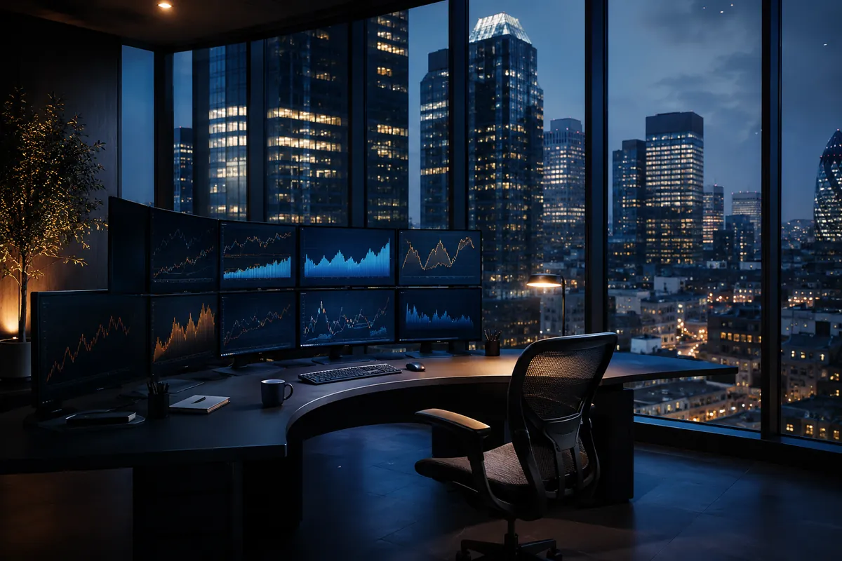 Financial trading workspace overlooking a city at dusk